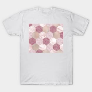 Carnation pink rose gold foil - marble hexagons T-Shirt